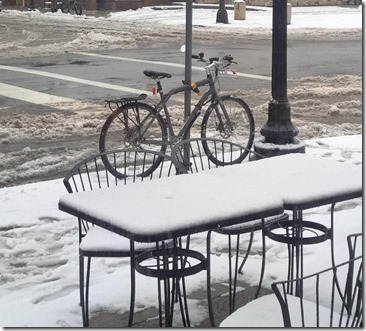 studded tires and slush on the patio tables