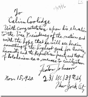Fenton Johnson note to Coolidge