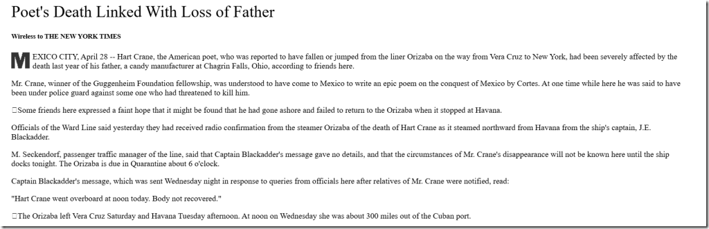 Hart Crane's Death reported in the NYT